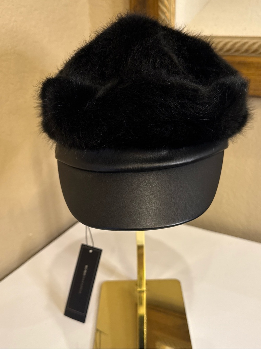 BCBG MAXAZRIA Womens Black Faux Fur Faux Leather Cap Hat Elastic Back One Sz NWT